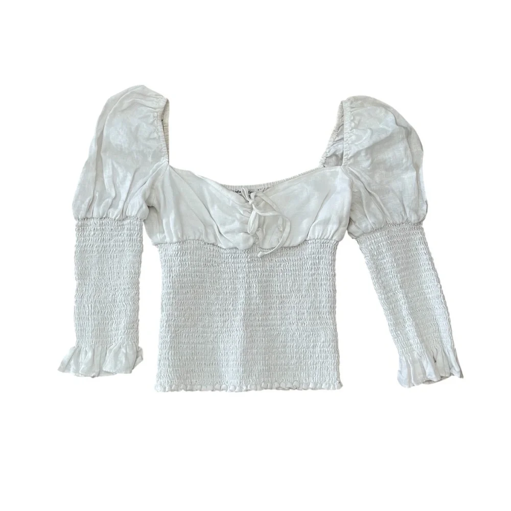 Reformation Haven White Smocked Linen Puff Sleeve Top Size M